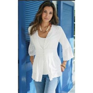 Soft Surroundings White Button Front 3/4 Bell Slv w/ Lace Large Melissani Tunic